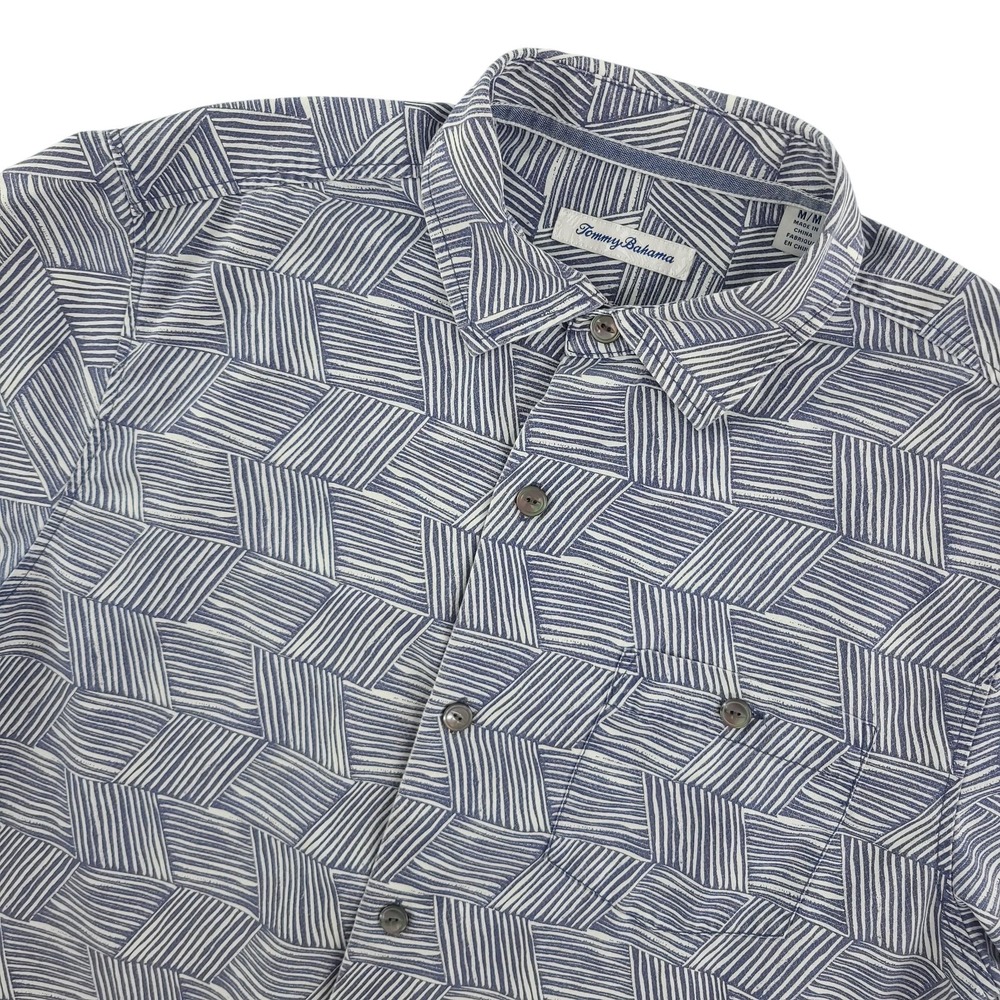 Tommy Bahama IslandZone Shirt Mens M Blue Geometric Short Sleeve Silk Casual